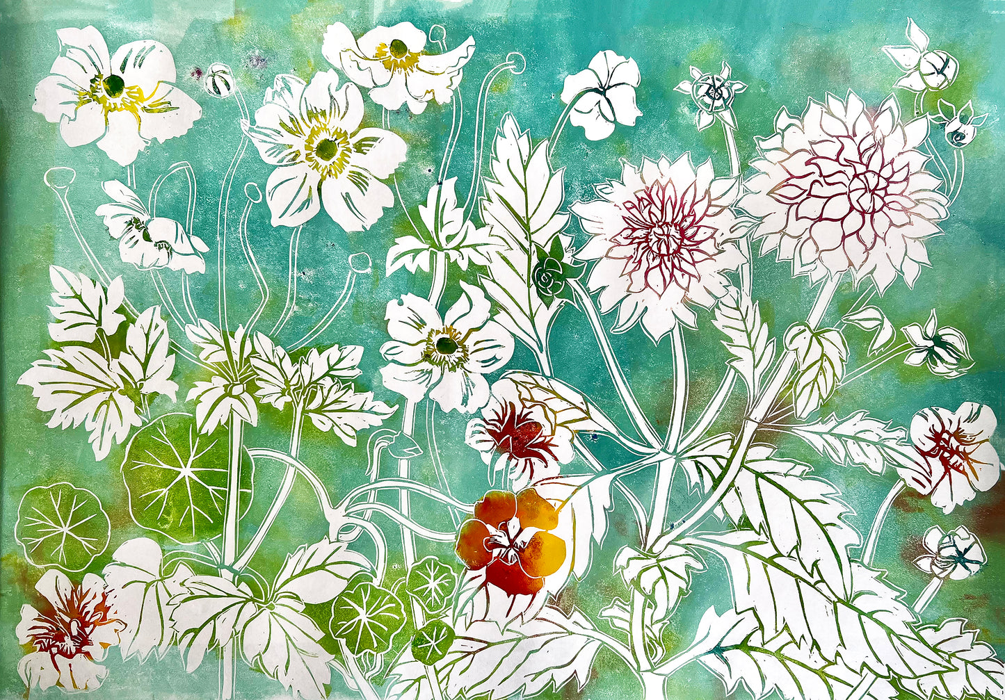 Handmade Print - Anemones, Nasturiums & Dahlias