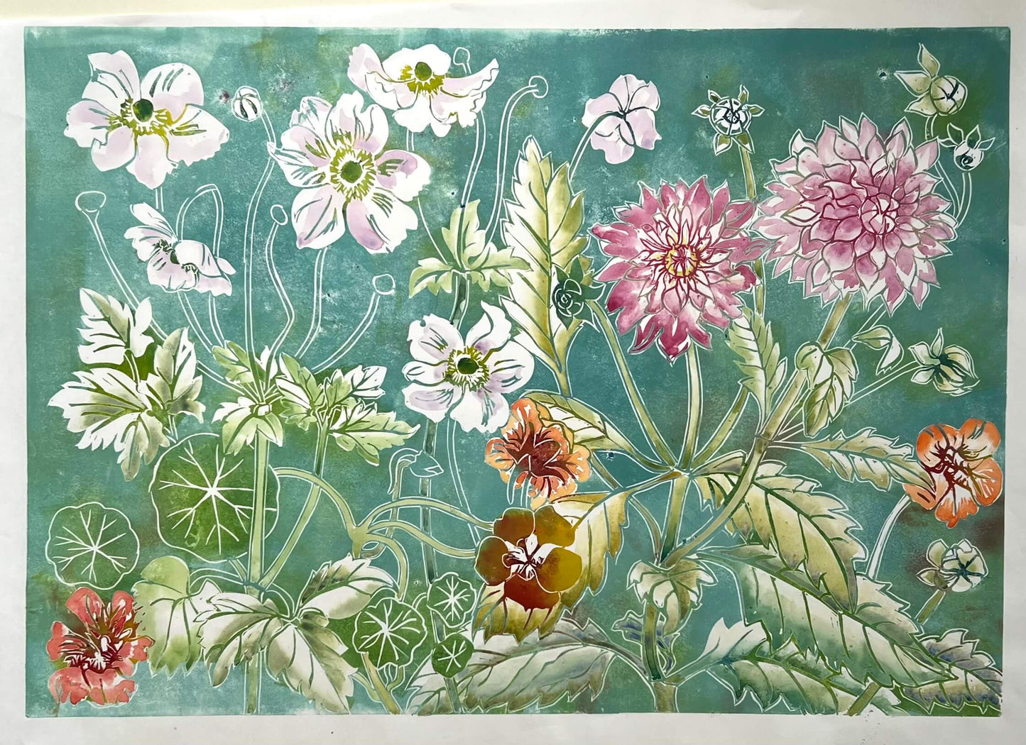 Handmade Print - Anemones, Nasturiums & Dahlias