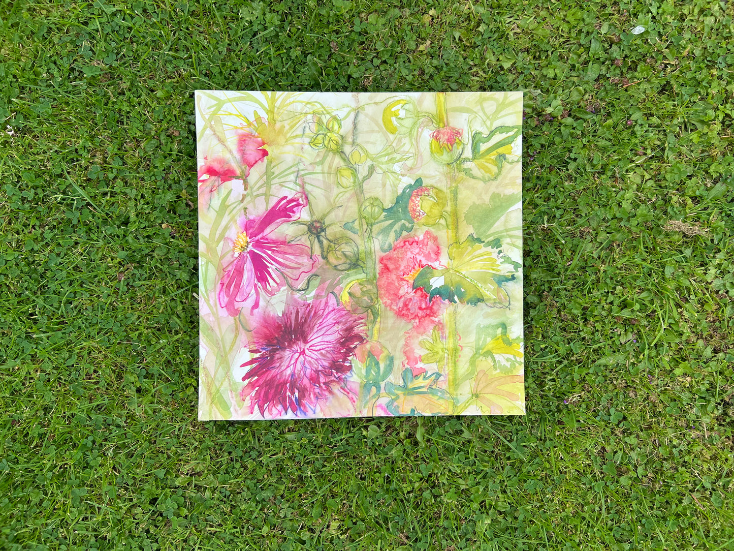 Watercolour - Frilly Hollyhock, Dahlia & Cosmos