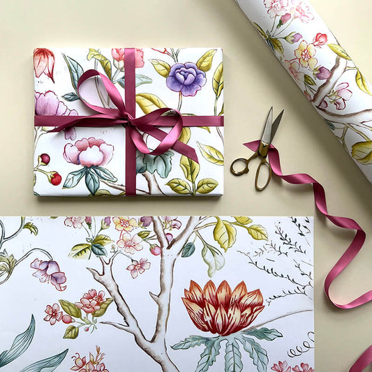 Gift wrap and patterned paper by Laura Sowerby featuring Linocut design for wallpaper inspired by Chinese wallpaper with peonies Lotus flower and a swallow about to fly off