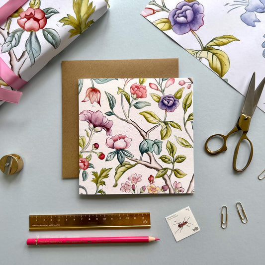 Peony garden card to match with wrapping paper lino print design inspired by 18th century Chinese wallpaper