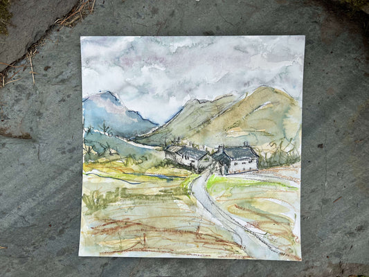 Watercolor painting of a landscape with mountains .