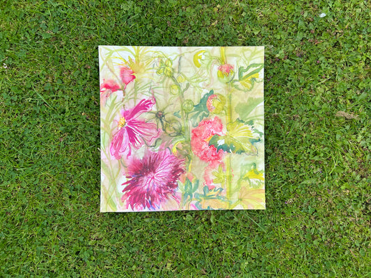 Watercolour - Frilly Hollyhock, Dahlia & Cosmos