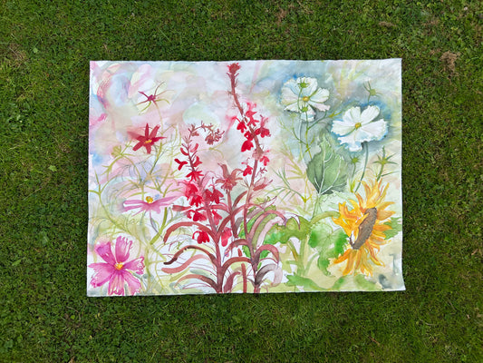 Watercolour - Lobelia, Sunflowers & Cosmos