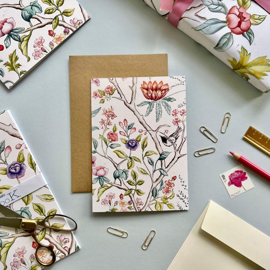 Greetings card of the Penny garden wallpaper design featuring chinese swallow and Lotus flower