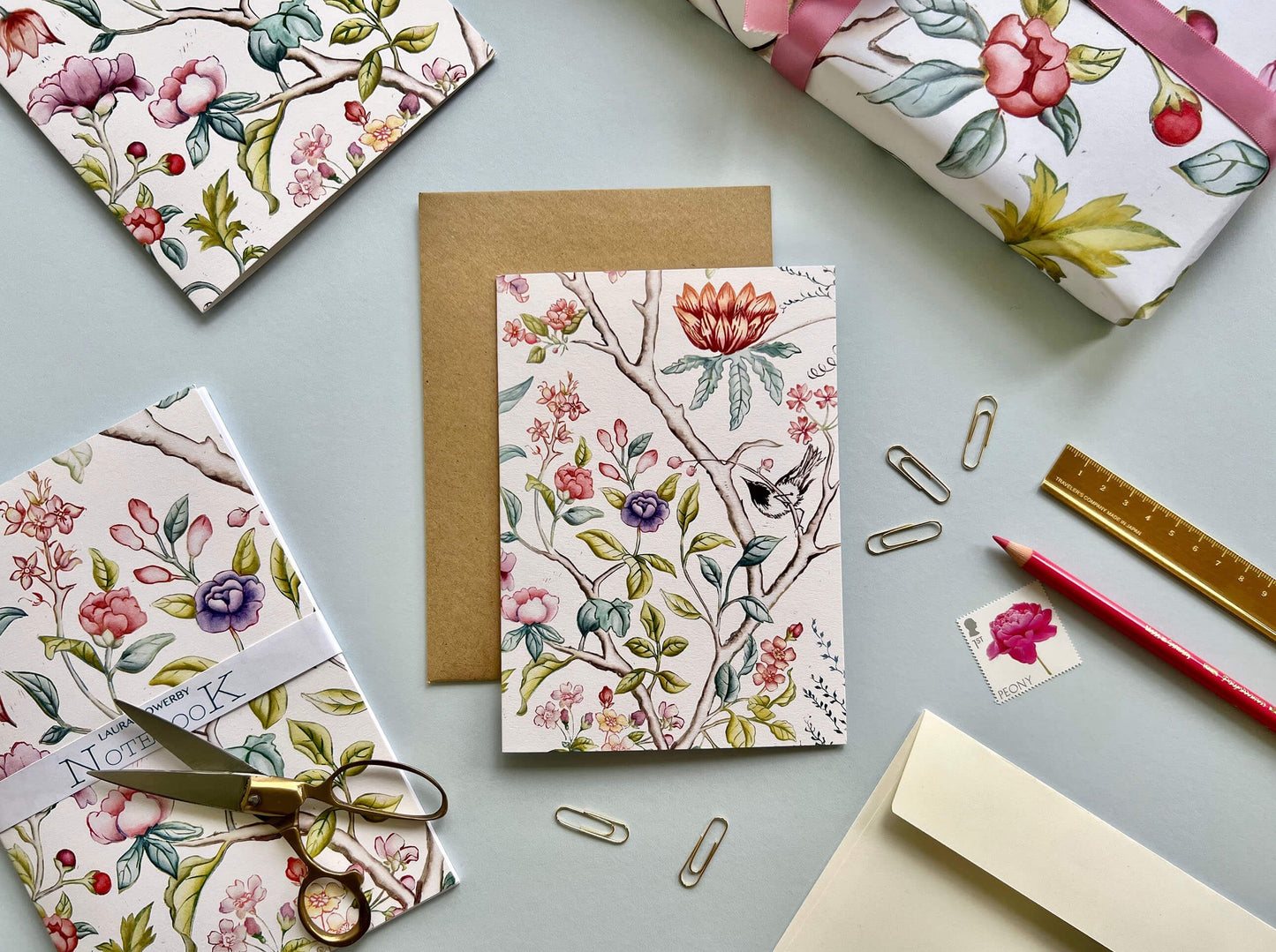 Peony garden stationary range including greetings card gift wrap and notebook