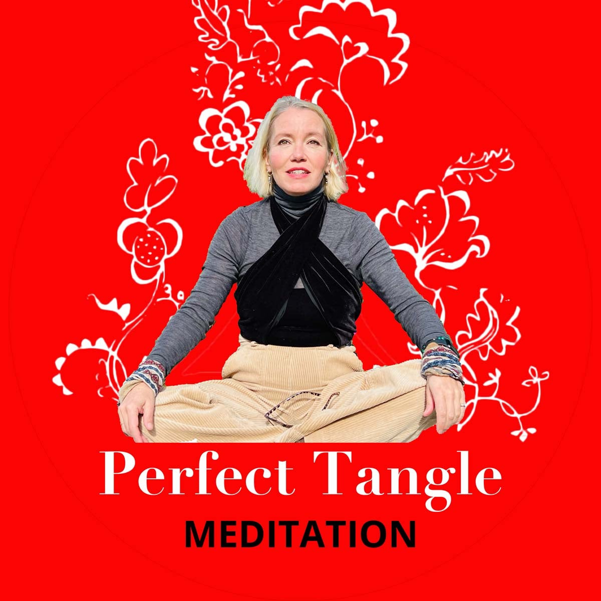 Laura Sowerby artist and teacher with 'Perfect Tangle Meditation' text on a red background with floral designs