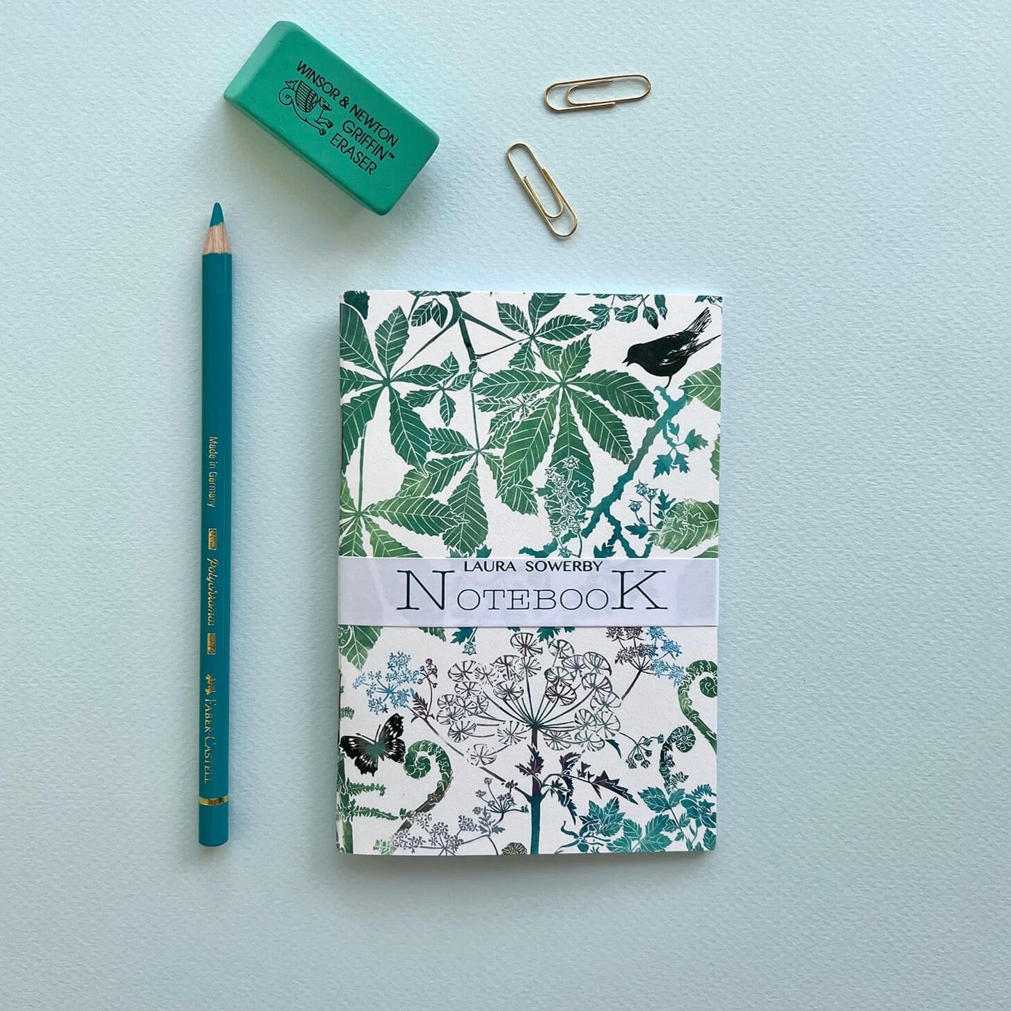Pocket notebook with lino print cover featuring botanical leaves Bird and cow parsley