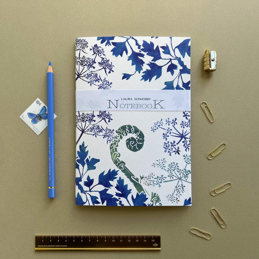 Hawthorn notebook lino print design cover cobalt blue with fern and hawthorn leaves