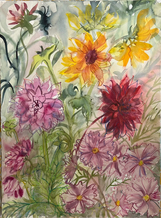 Watercolour - Dahlias, Sunflowers and Cosmos