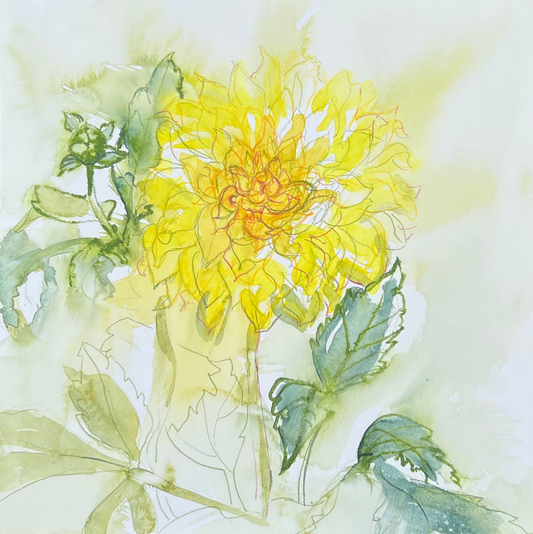 Yellow flower watercolour painting on a grassy background by lake district artist laura sowerby